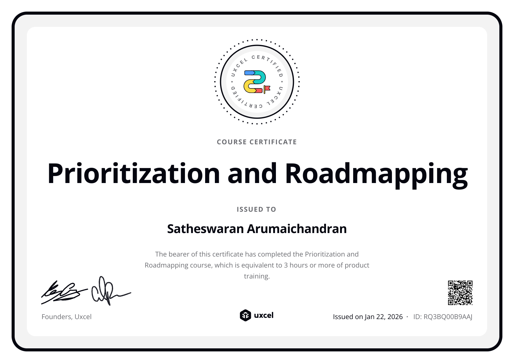 Satheswaran Arumaichandran's certificate